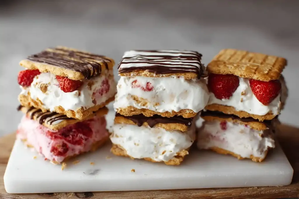 Three stacks of {{ $('Fetch Recipe Data').first().json["Main Keyword"] }} with graham crackers, cream, strawberries, and chocolate drizzle.