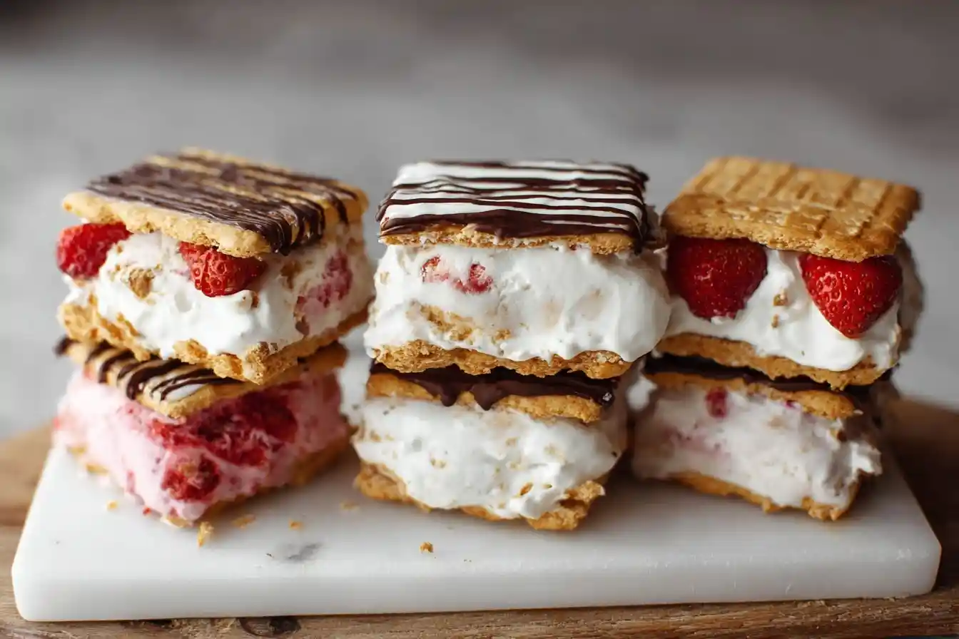 Three stacks of {{ $('Fetch Recipe Data').first().json["Main Keyword"] }} with graham crackers, cream, strawberries, and chocolate drizzle.