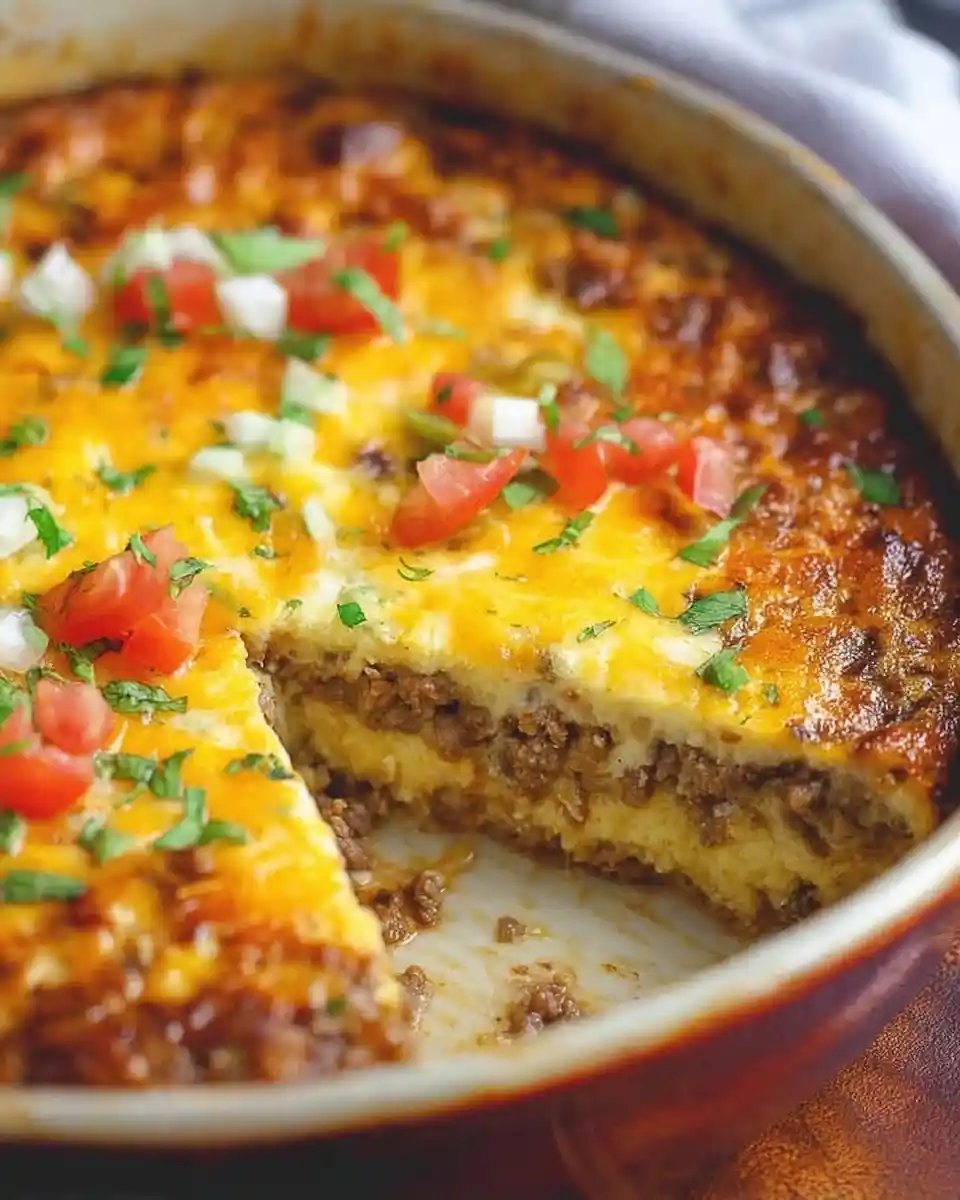 A freshly baked {{ $('Fetch Recipe Data').first().json["Main Keyword"] }} in a dish with a slice removed, showing beef and cheese layers.