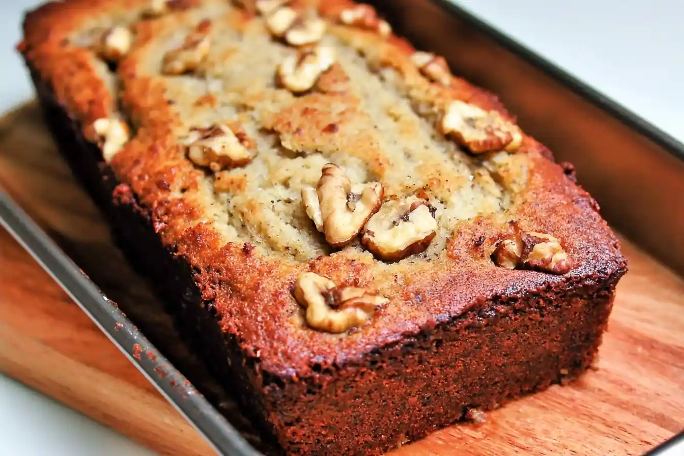 Close-up of a moist Banana Nut Bread loaf topped with walnuts sitting in a metal baking pan.