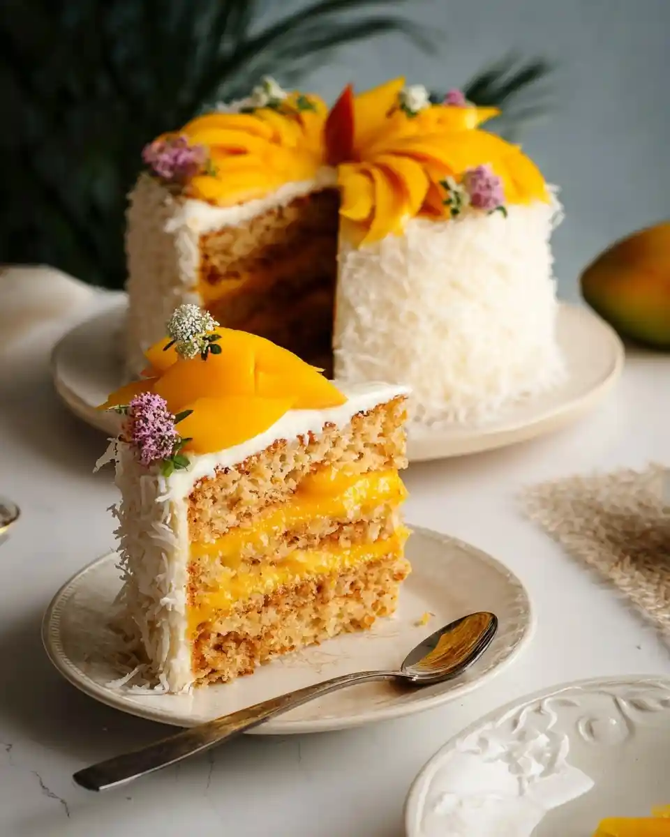 A slice of layered mango coconut cake showing bright yellow fruit filling, white frosting, and shredded coconut on a plate.