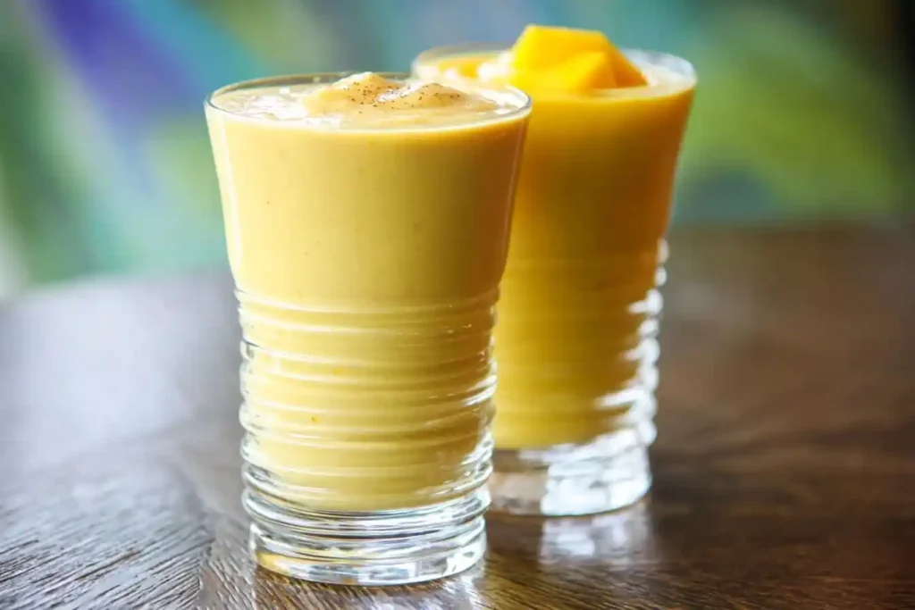 Two glasses of refreshing mango lassi on a wooden table, topped with spices and fresh mango chunks.