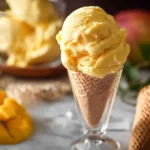 A scoop of creamy mango ice cream in a waffle cone next to fresh diced mango.