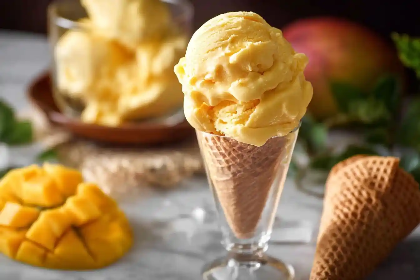 A scoop of creamy mango ice cream in a waffle cone next to fresh diced mango.