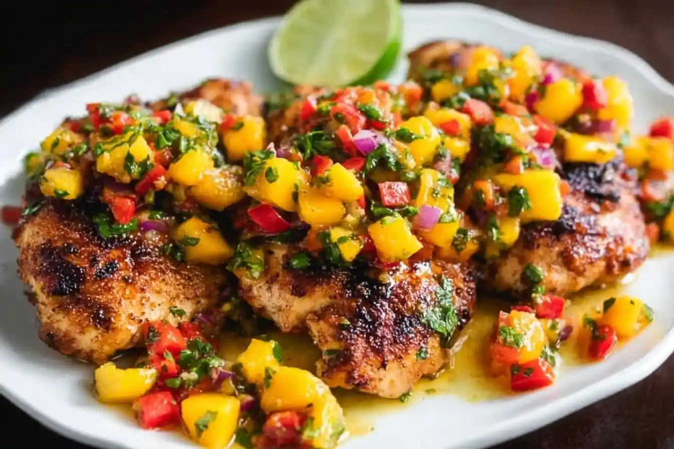 A plate of perfectly grilled {{ $('Fetch Recipe Data').first().json["Main Keyword"] }} with fresh fruit salsa.