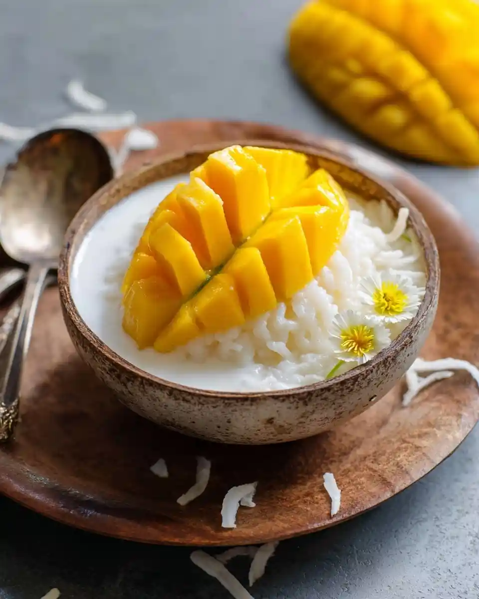 Delicious mango sticky rice served in a rustic bowl with freshly scored mango, coconut milk, and edible flowers.