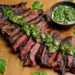 Sliced, medium-rare {{ $('Fetch Recipe Data').first().json["Main Keyword"] }} topped with chimichurri sauce on a wooden board.