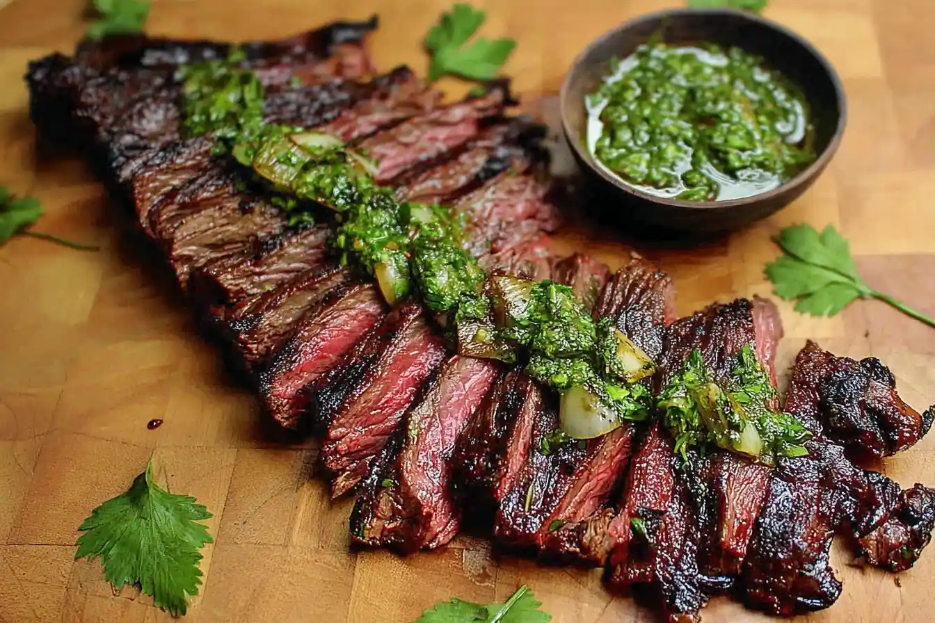 Sliced, medium-rare {{ $('Fetch Recipe Data').first().json["Main Keyword"] }} topped with chimichurri sauce on a wooden board.