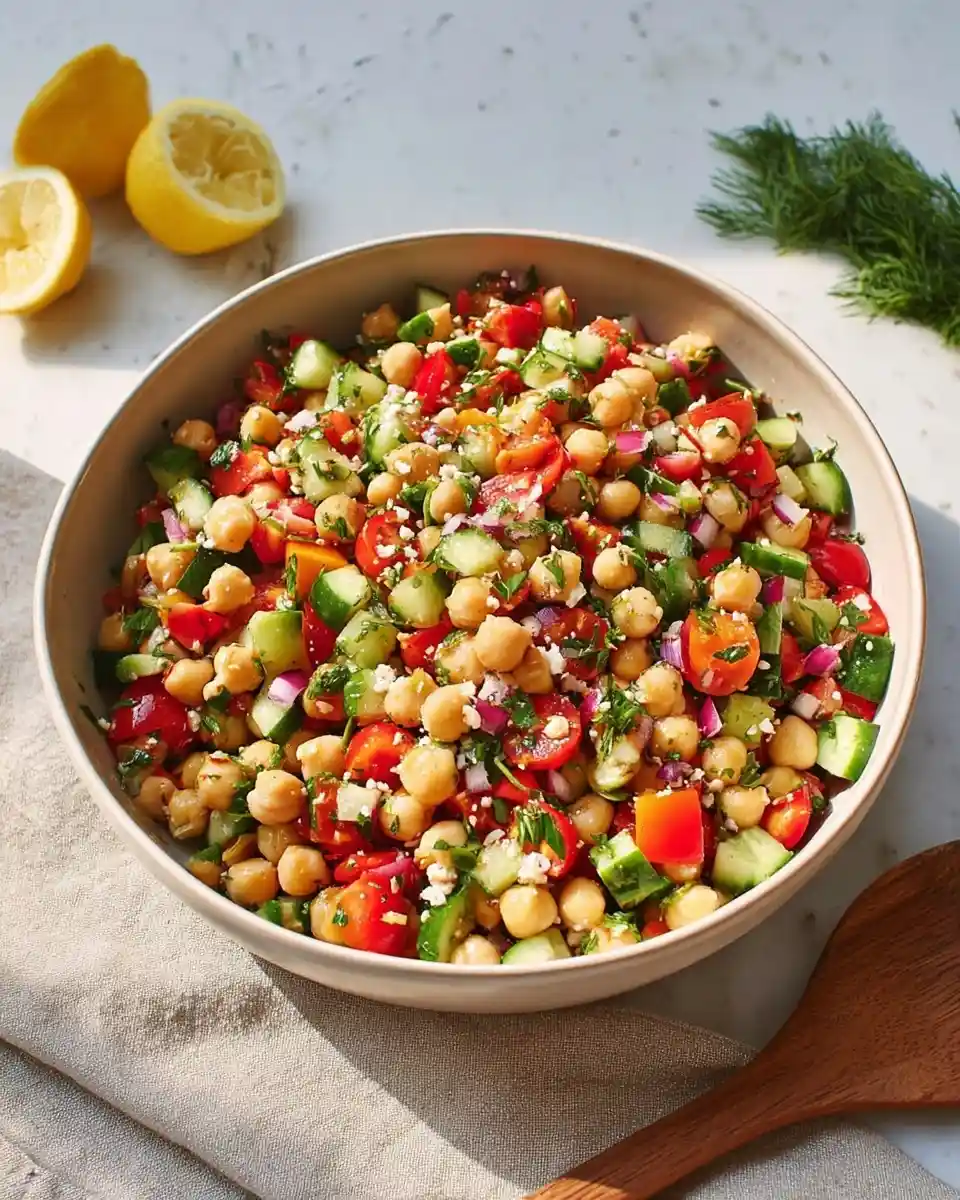 A fresh bowl of chickpea salad with cucumbers, tomatoes, red onions, feta cheese, and herbs.