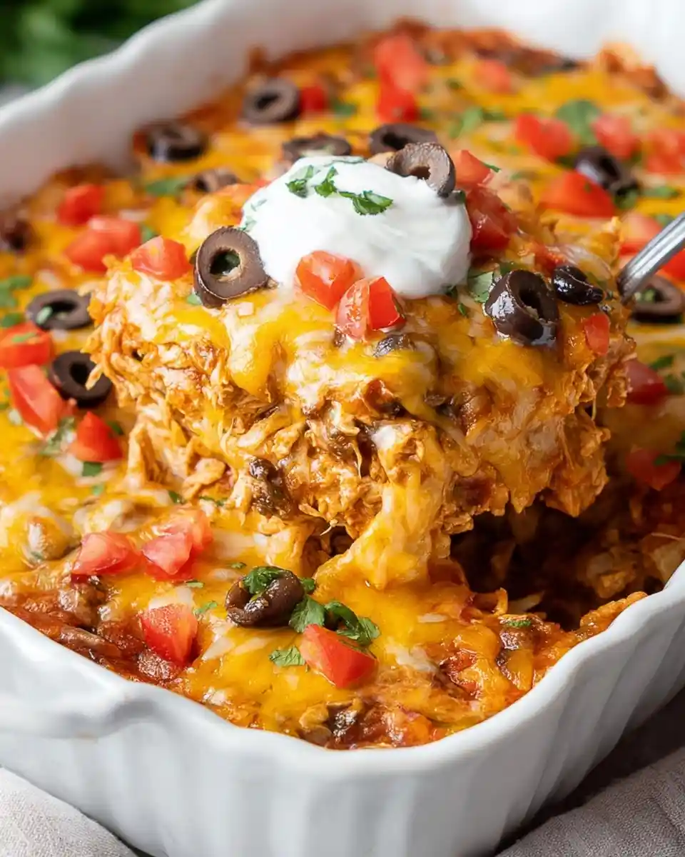 Spoon lifting a portion of cheesy {{ $('Fetch Recipe Data').first().json["Main Keyword"] }} topped with sour cream, tomatoes, and olives.