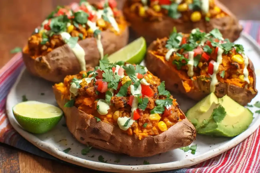 Four colorful {{ $('Fetch Recipe Data').first().json["Main Keyword"] }} topped with corn, cilantro, and creamy sauce on a plate.