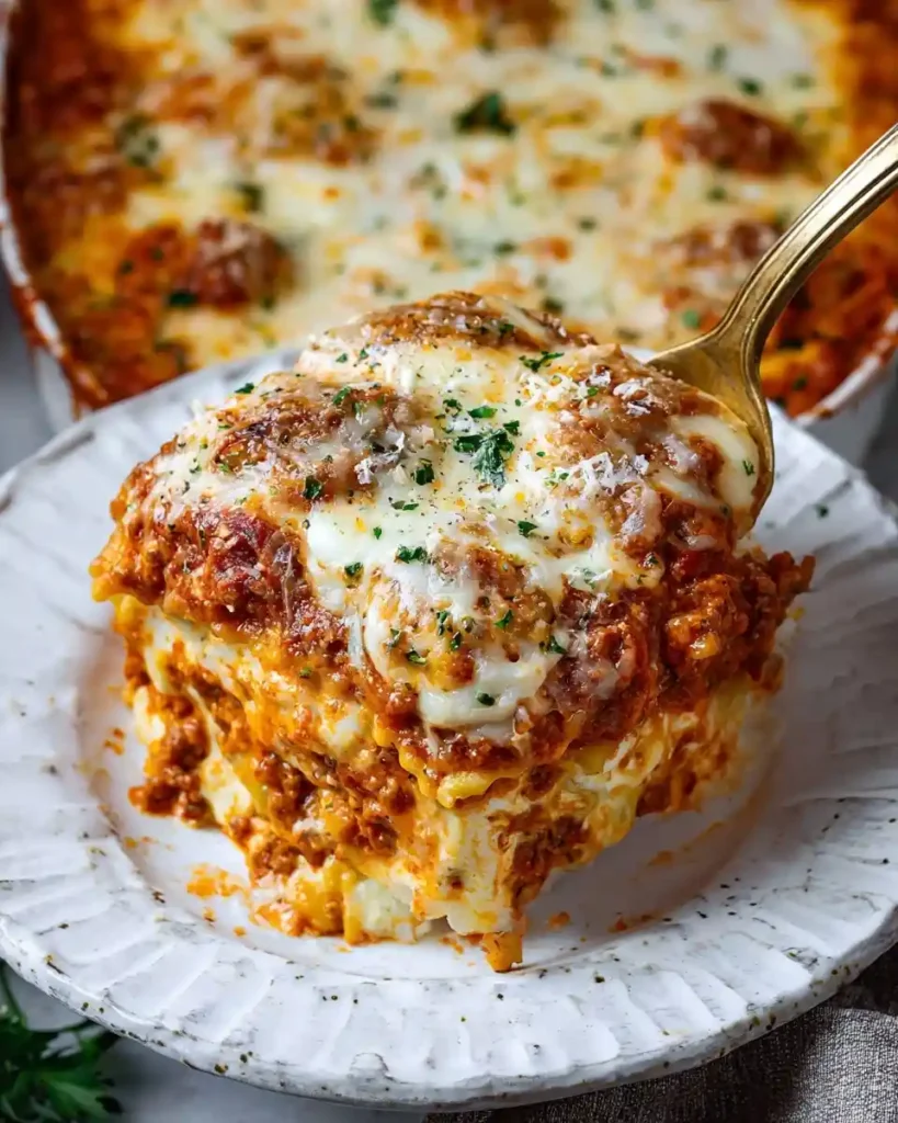 A serving of cheesy {{ $('Fetch Recipe Data').first().json["Main Keyword"] }} with meat sauce on a rustic white plate.