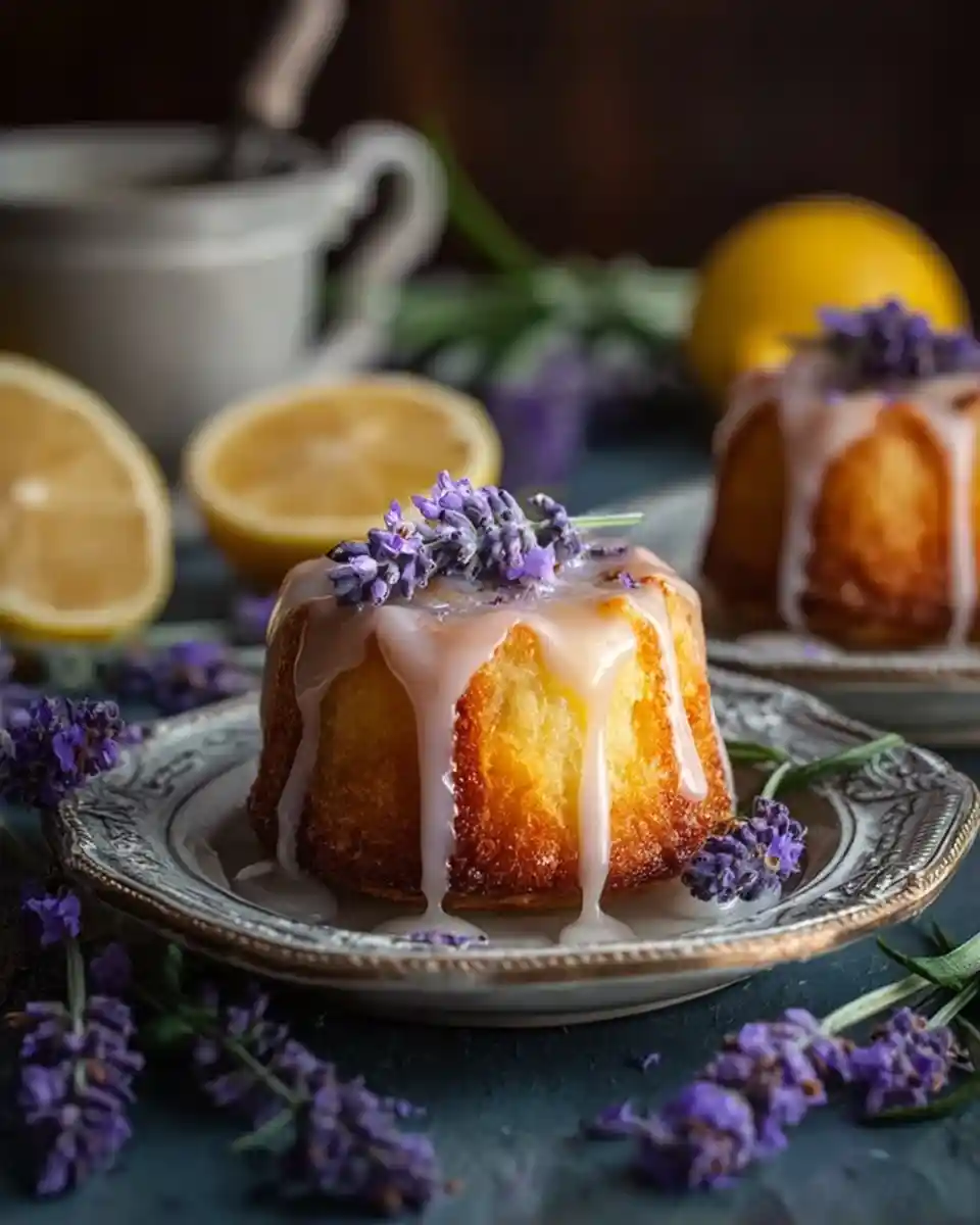 Close-up of freshly baked lemon lavender mini cakes drizzled with icing and garnished with purple flowers.