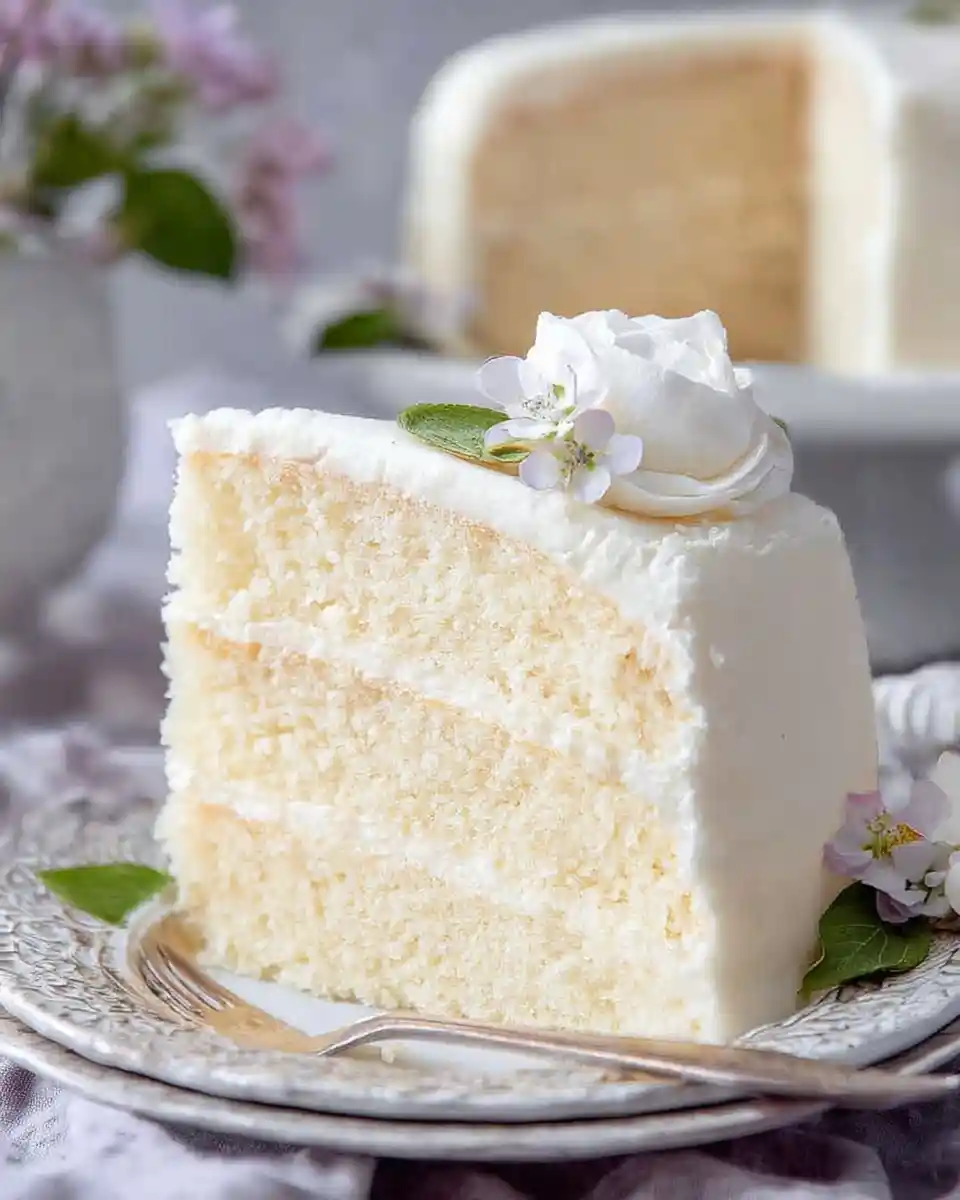 A slice of {{ $('Fetch Recipe Data').first().json["Main Keyword"] }} with white frosting and delicate floral garnish.