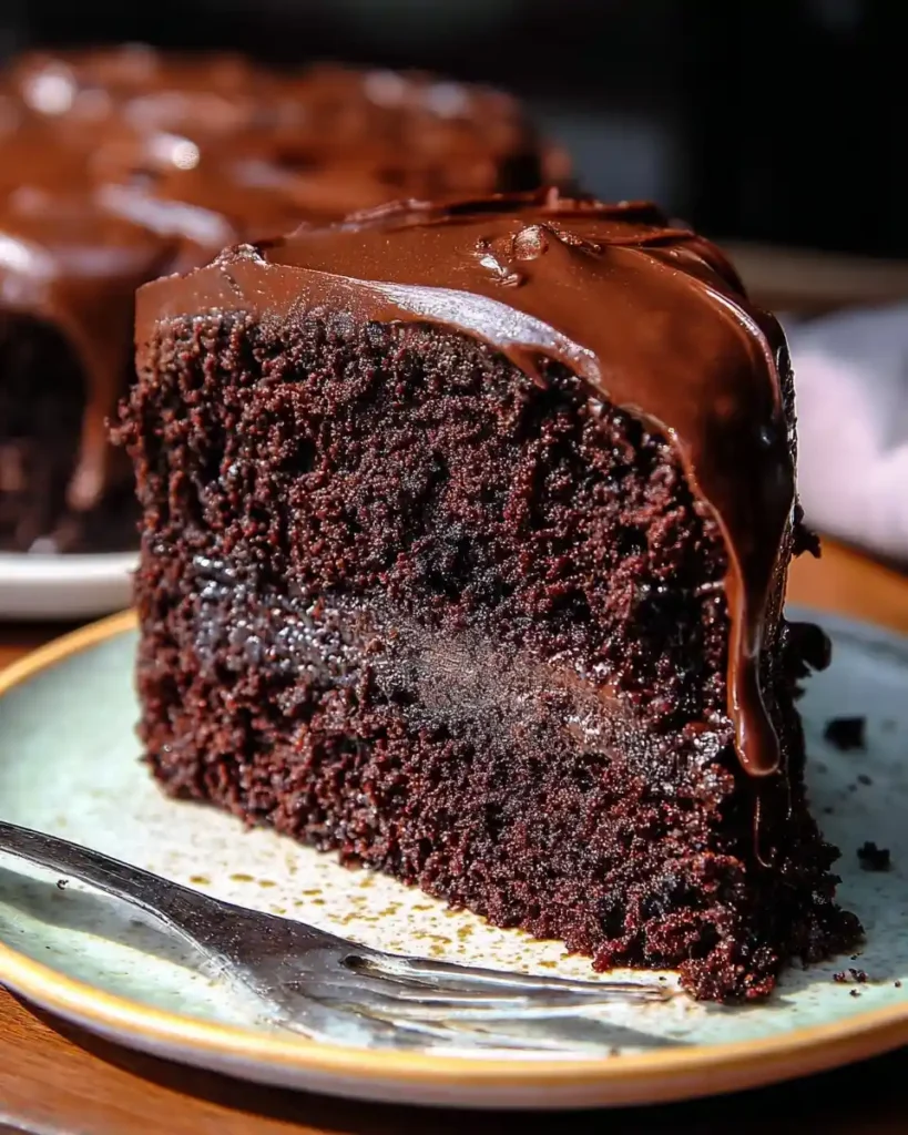 Close-up of a rich {{ $('Fetch Recipe Data').first().json["Main Keyword"] }} slice with thick glossy chocolate frosting on a plate.