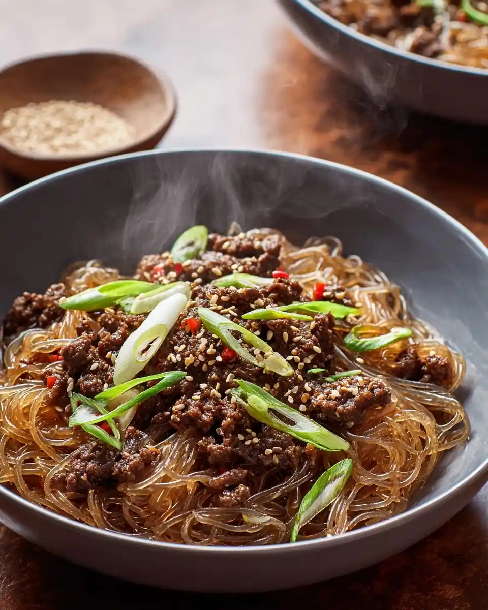 A hot bowl of {{ $('Fetch Recipe Data').first().json["Main Keyword"] }} topped with scallions and sesame seeds.