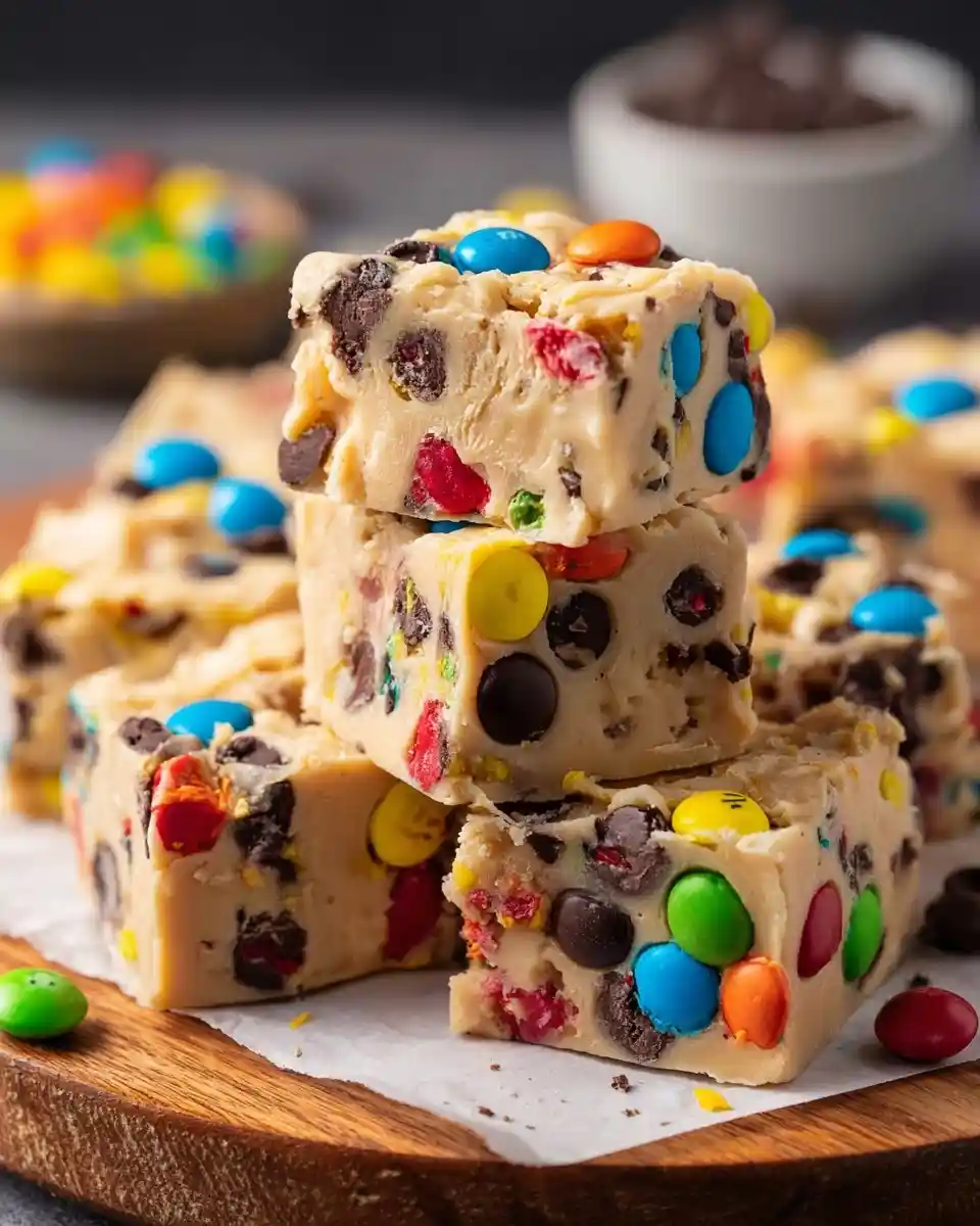Stack of thick, creamy M&M cookie dough fudge squares loaded with colorful candies and chocolate chips on a wooden board.