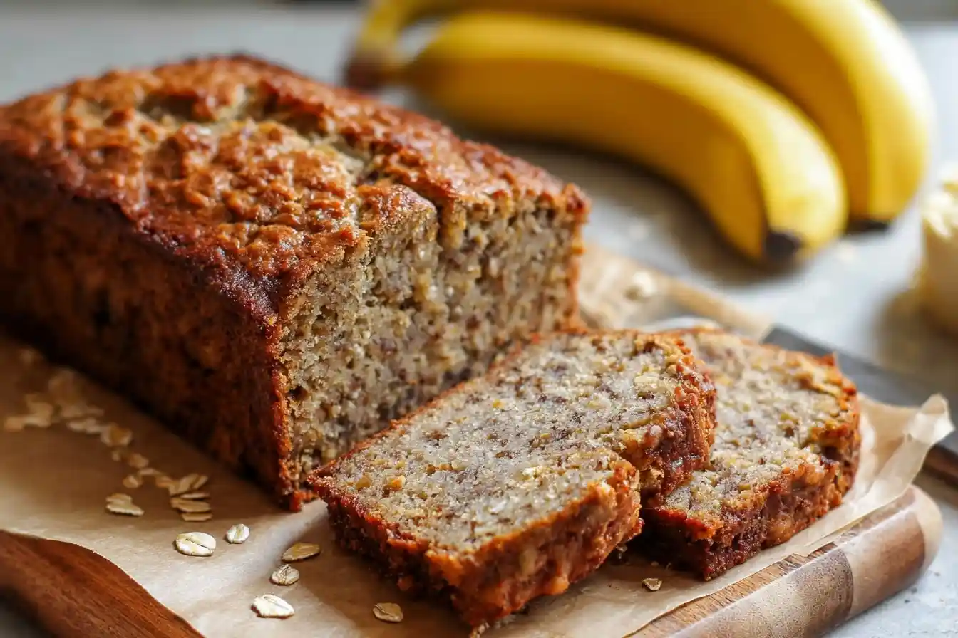 Sliced loaf of moist banana bread on a wooden board with fresh bananas in the background.