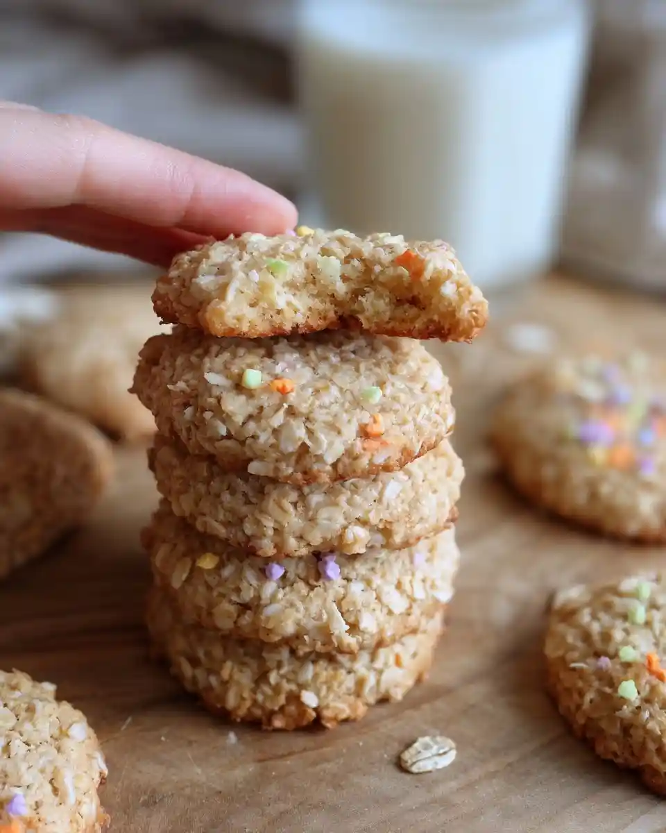 A hand grabs the top treat from a stack of {{ $('Fetch Recipe Data').first().json["Main Keyword"] }} next to a glass of milk.