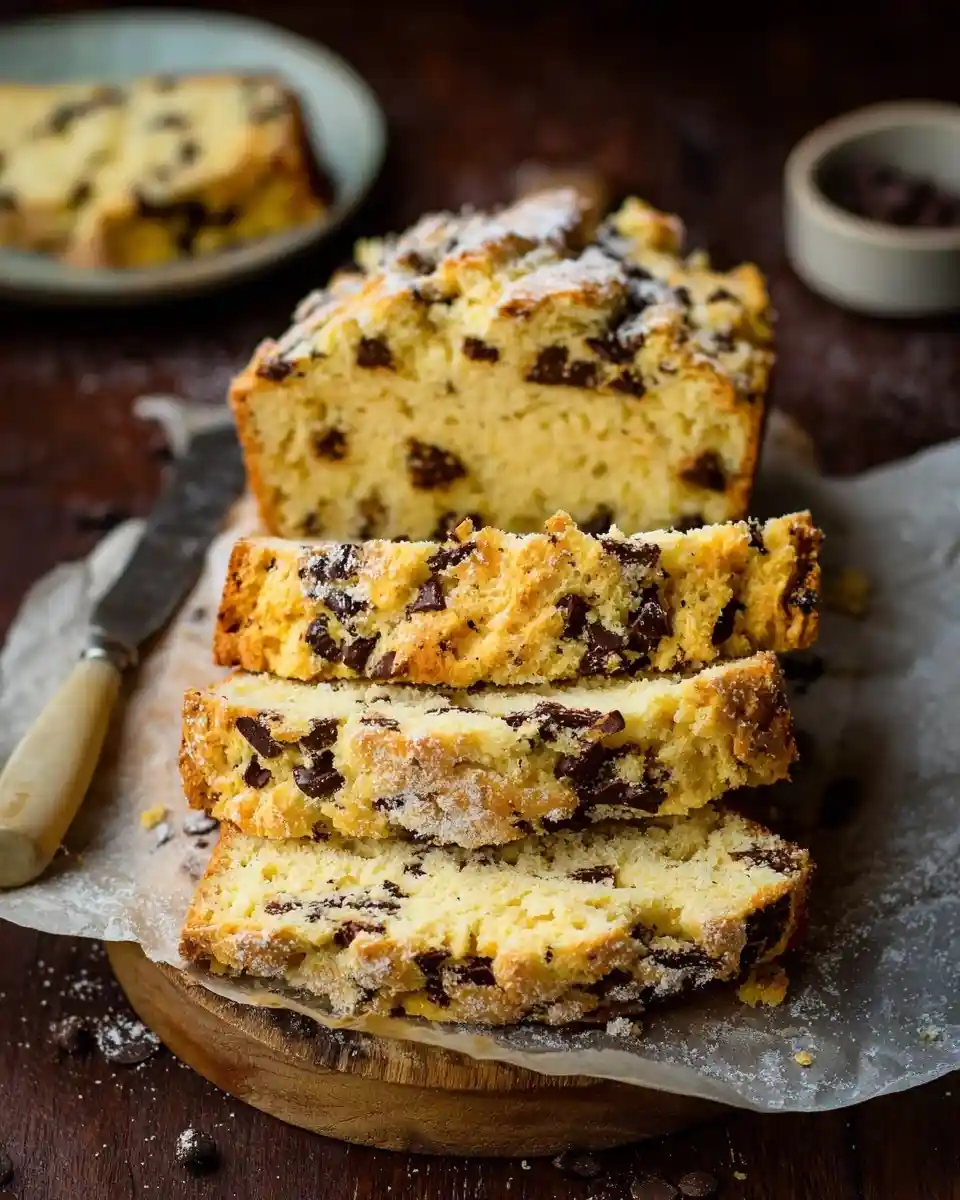 Sliced {{ $('Fetch Recipe Data').first().json["Main Keyword"] }} with chocolate chips and powdered sugar.