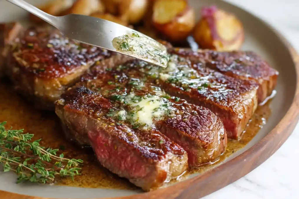 Spreading melting herb butter on a juicy, sliced garlic butter steak served with roasted potatoes.