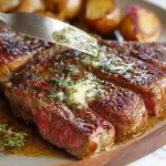 Spreading melting herb butter on a juicy, sliced garlic butter steak served with roasted potatoes.