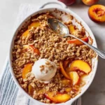 Warm, freshly baked peach crisp in a white oval dish topped with melting vanilla ice cream and an oat crumble.