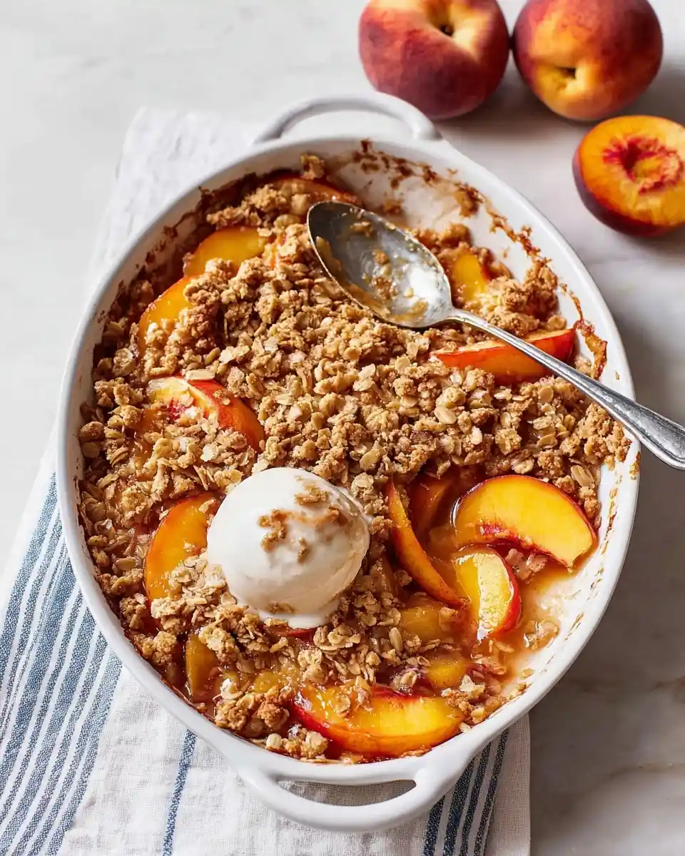 Warm, freshly baked peach crisp in a white oval dish topped with melting vanilla ice cream and an oat crumble.