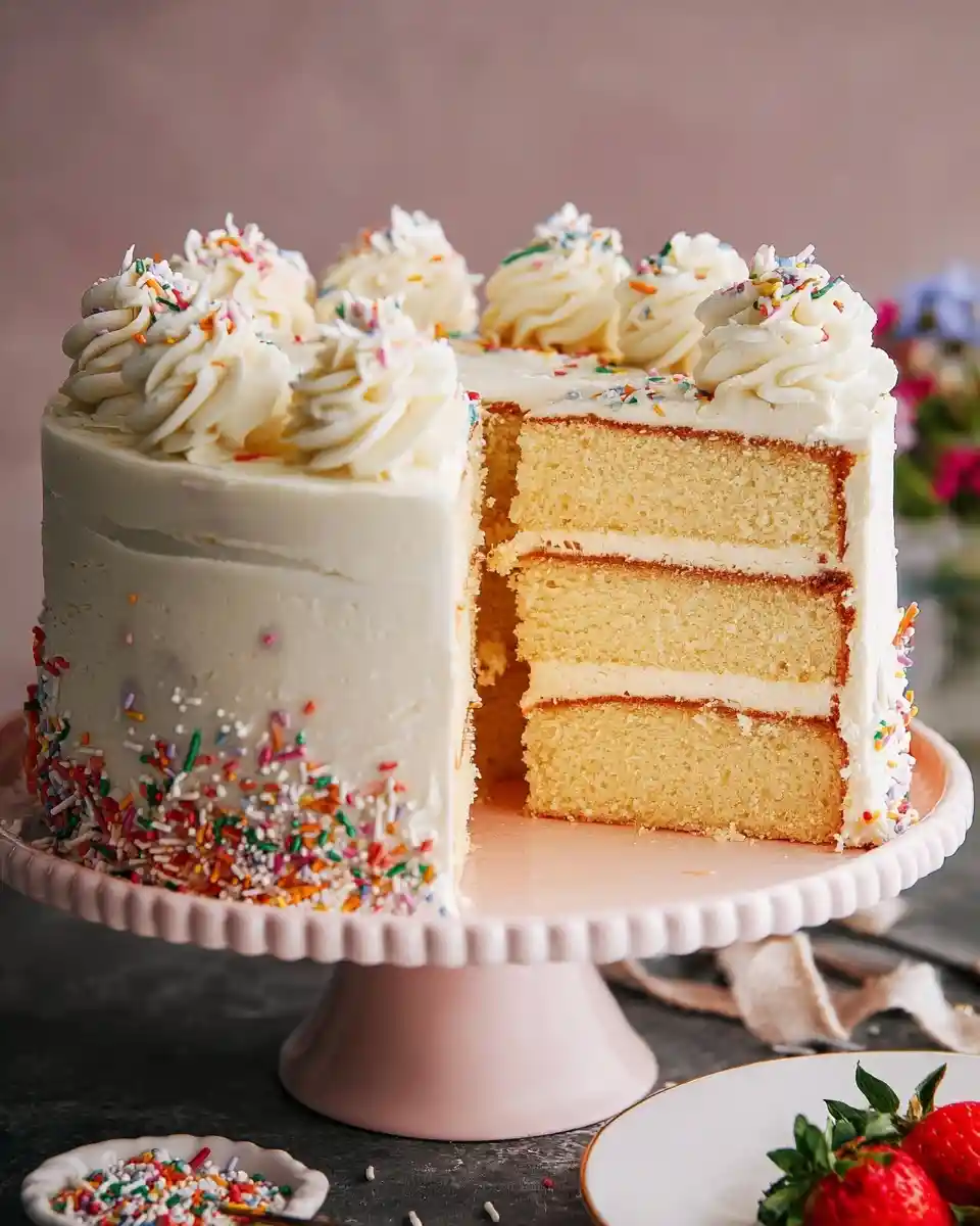 A sliced {{ $('Fetch Recipe Data').first().json["Main Keyword"] }} with white frosting and sprinkles.