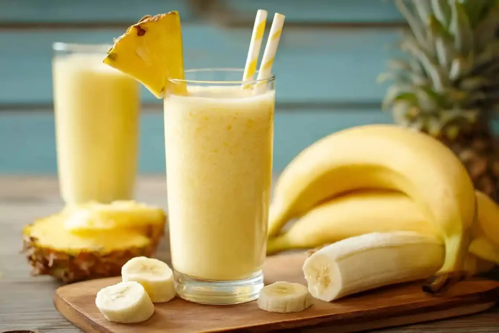 A tall glass filled with a creamy banana pineapple smoothie, surrounded by fresh bananas and sliced pineapple.