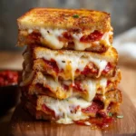 A tall stack of gooey pizza grilled cheese sandwiches with melted cheese and pepperoni on a wooden board.