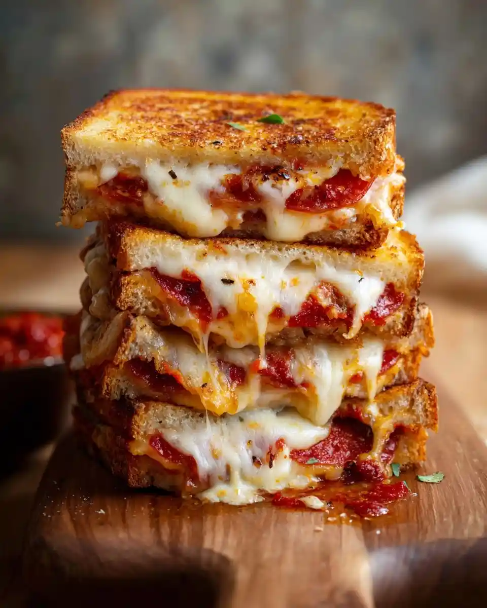 A tall stack of gooey pizza grilled cheese sandwiches with melted cheese and pepperoni on a wooden board.