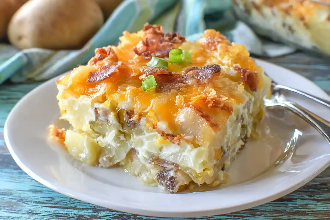 Close-up of a slice of cheesy loaded potato casserole with bacon and green onions on a white plate.