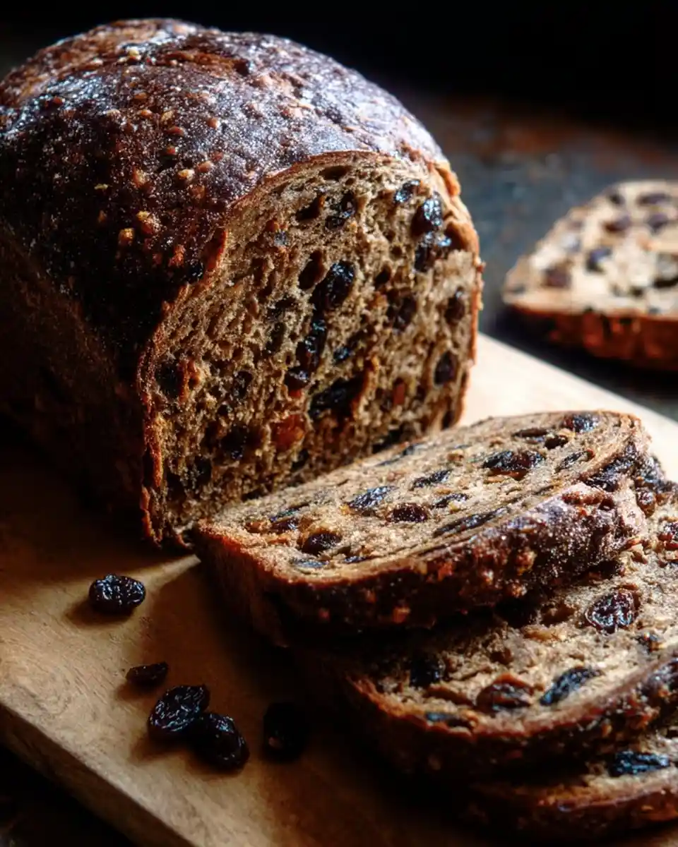 A freshly baked loaf of sliced raisin bread resting on a rustic wooden cutting board with scattered raisins.
