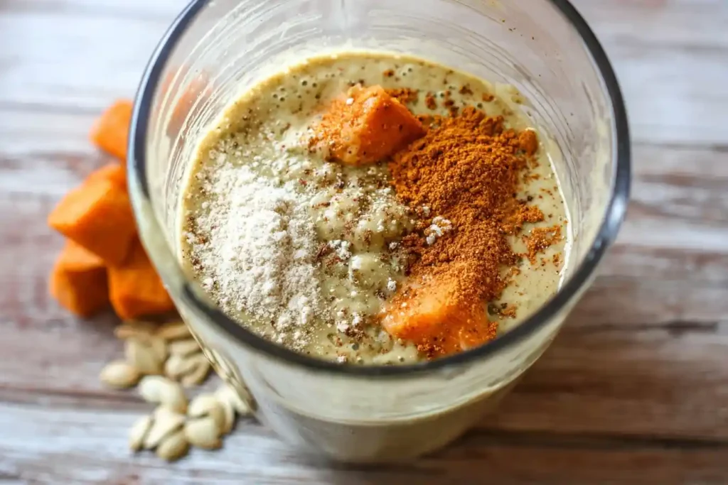 Overhead view of a blender jar filled with ingredients to make a spiced sweet potato smoothie.