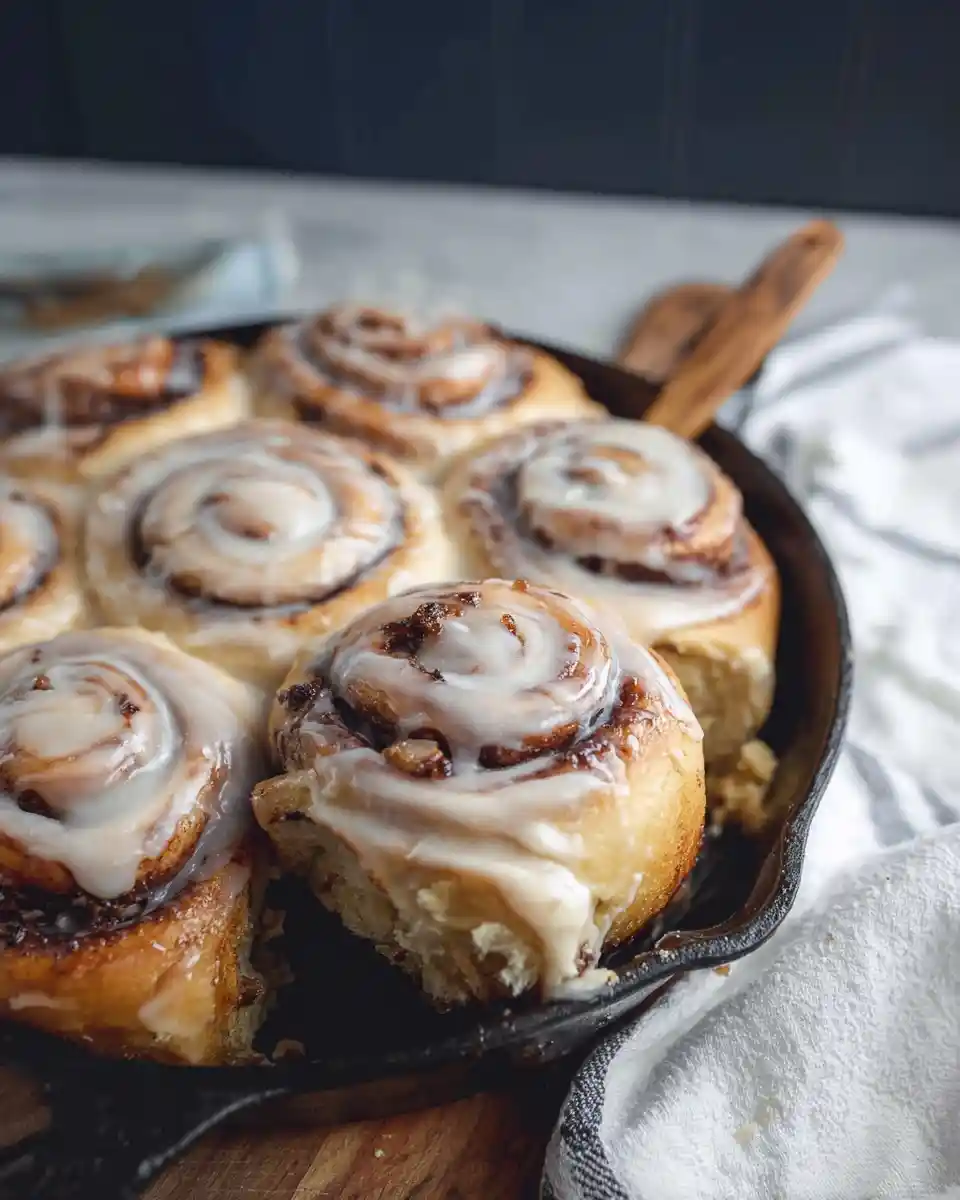 Warm, freshly baked {{ $('Fetch Recipe Data').first().json["Main Keyword"] }} topped with melting icing in a cast iron skillet.