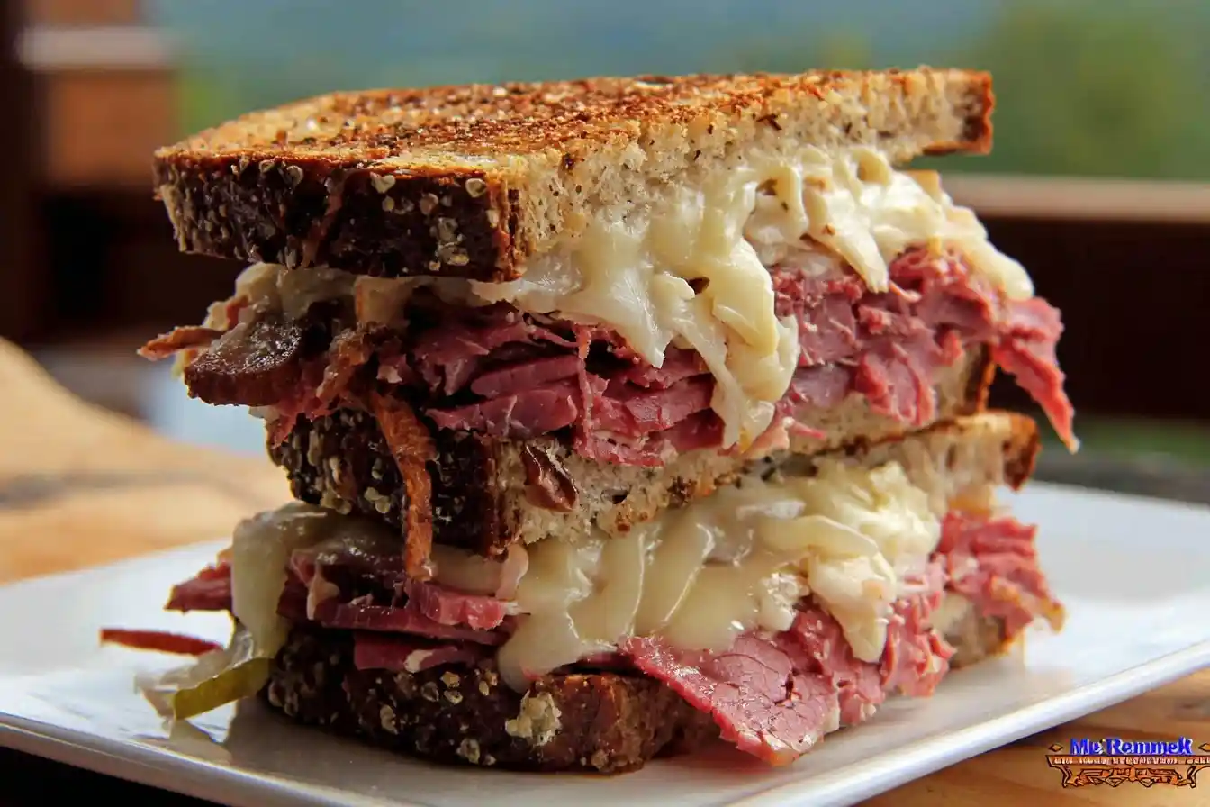 Close-up of a stacked Reuben sandwich with corned beef, Swiss cheese, and sauerkraut on toasted rye bread.