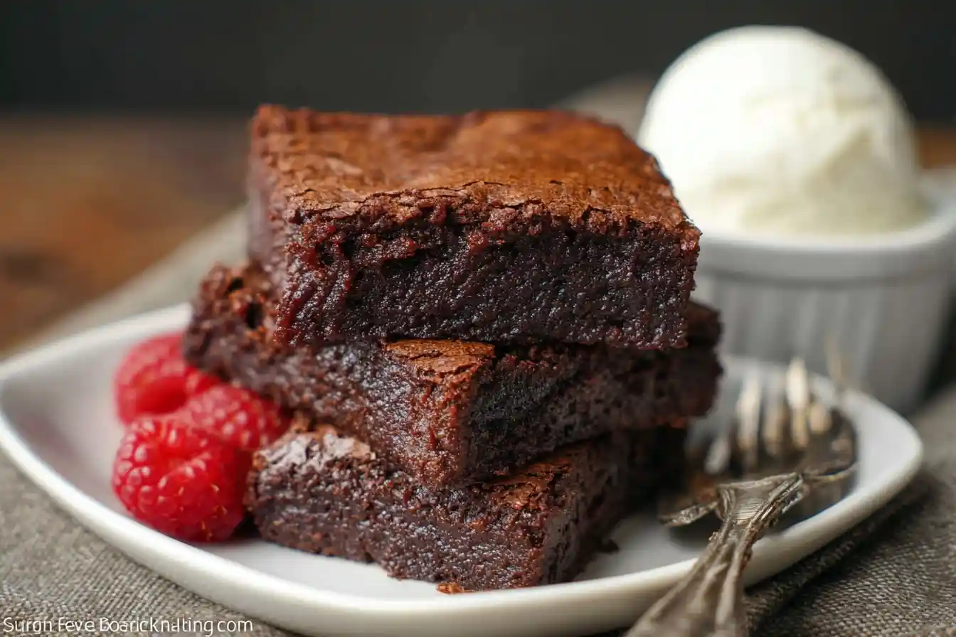 Three rich {{ $('Fetch Recipe Data').first().json["Main Keyword"] }} stacked on a plate with fresh raspberries and vanilla ice cream.