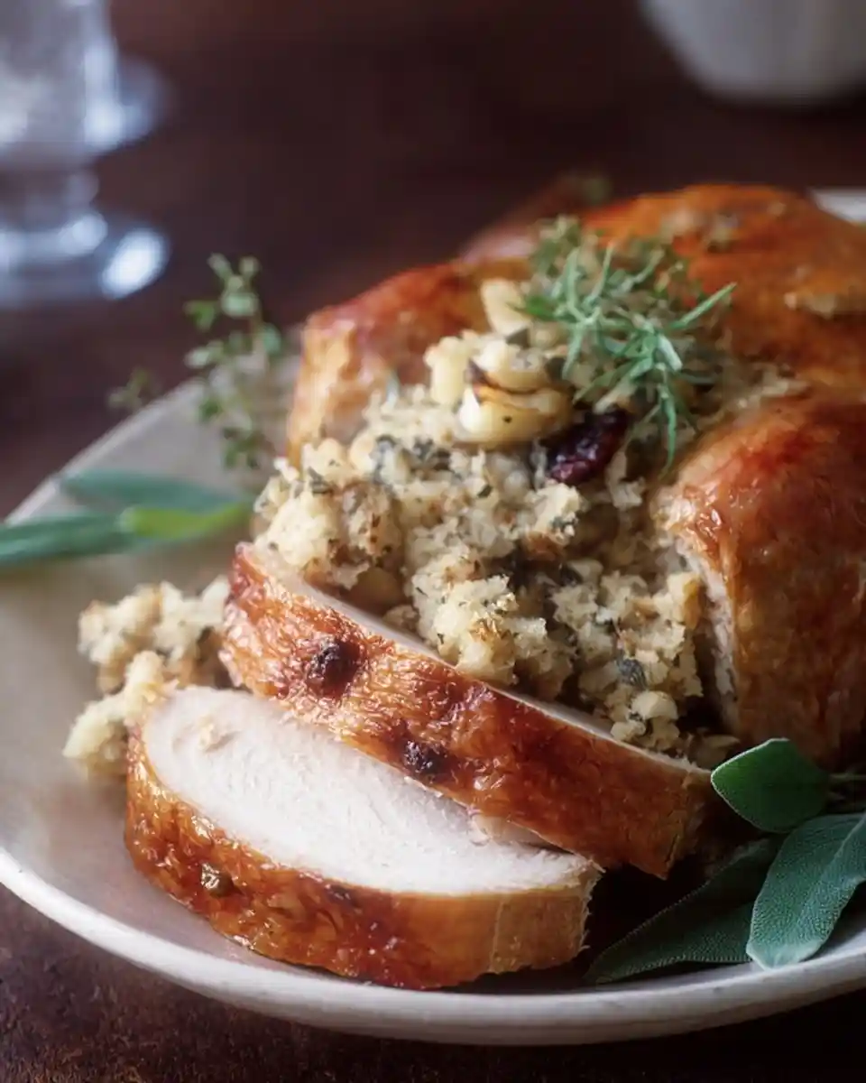 Sliced {{ $('Fetch Recipe Data').first().json["Main Keyword"] }} with savory herb and cranberry stuffing.