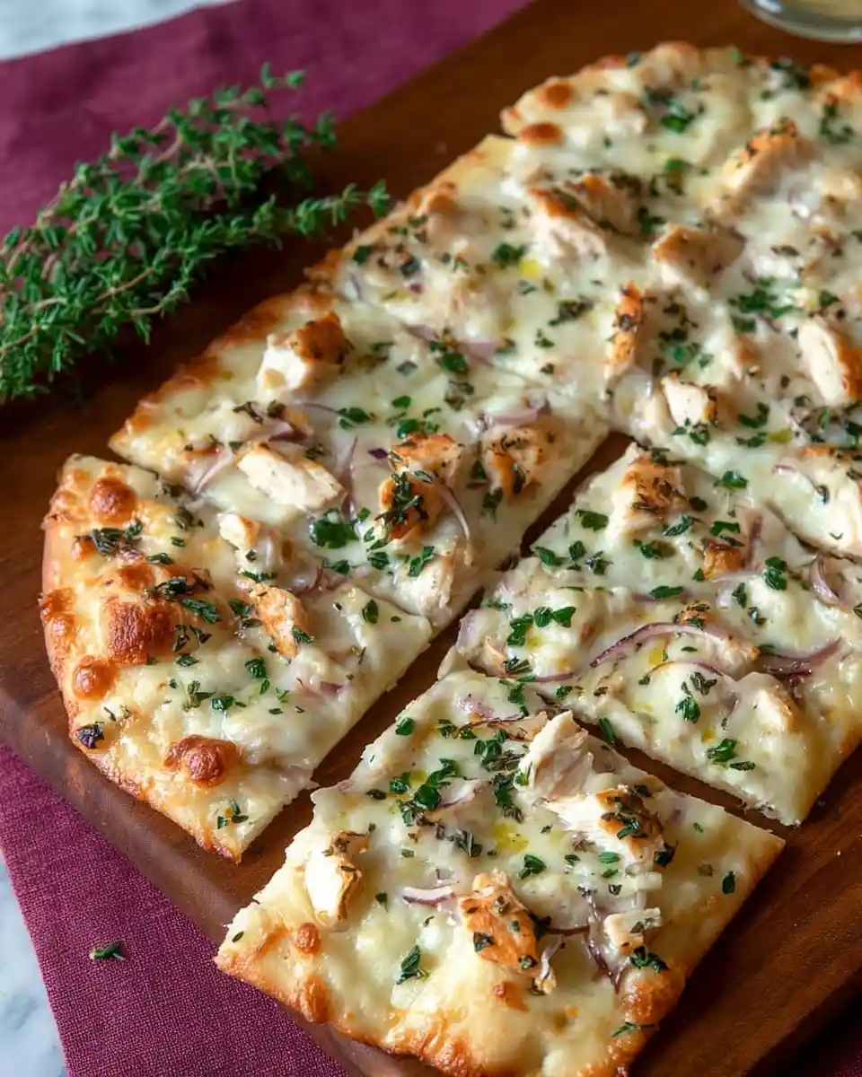 Sliced chicken flatbread topped with melted cheese, chicken, red onion, and thyme on a wooden board.