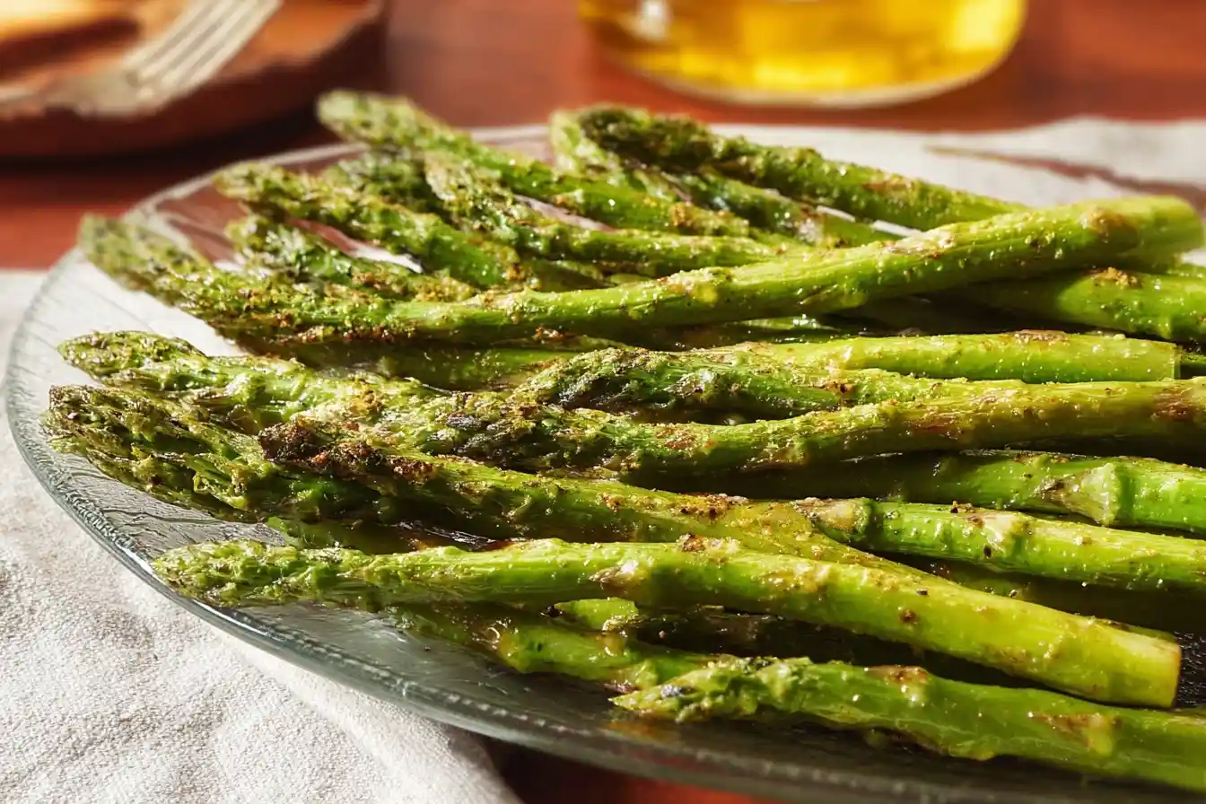 Close up of perfectly seasoned roasted asparagus spears served on a clear glass plate.