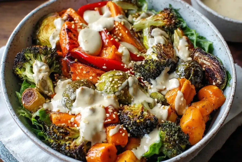 A colorful roasted vegetable bowl featuring broccoli, carrots, Brussels sprouts, and a creamy tahini dressing.
