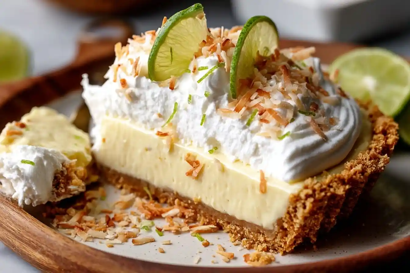 A slice of coconut key lime pie with whipped cream, toasted coconut flakes, and lime slices on a wooden plate.
