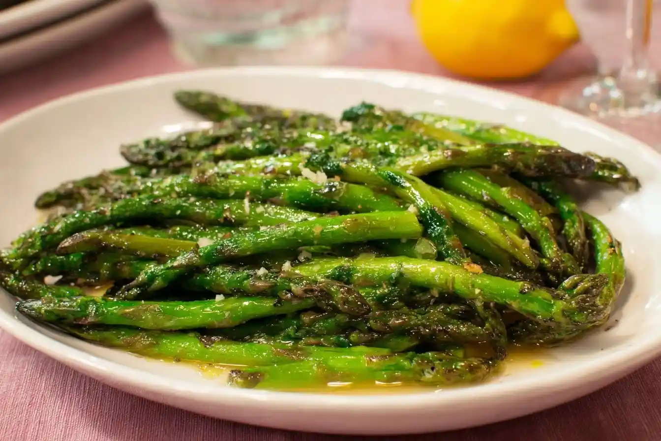 A white plate heaped with glossy sauteed asparagus spears topped with minced garlic, next to a fresh lemon.
