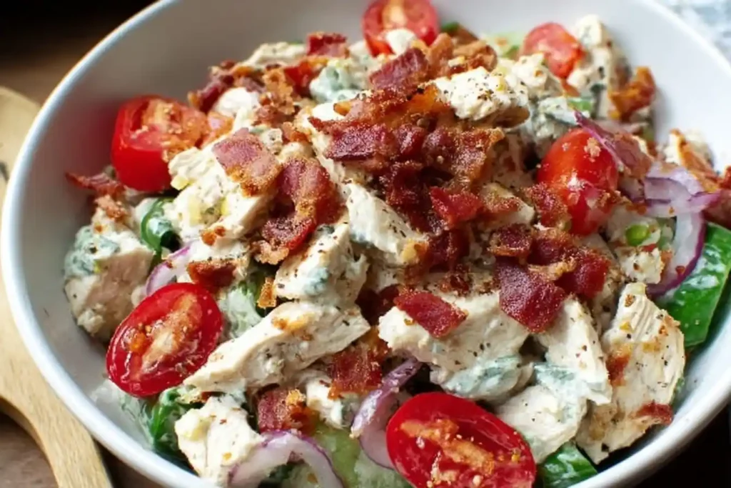 A close-up of a white bowl filled with creamy chicken bacon salad, tomatoes, and red onions.