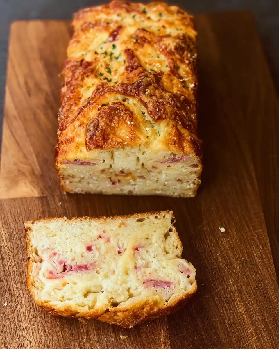 A freshly baked savory ham and cheese bread on a wooden board, with one slice cut showing the melted interior.