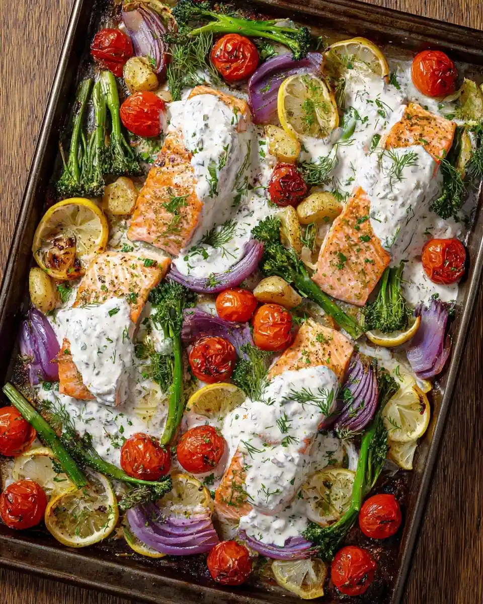 Delicious sheet pan salmon topped with creamy sauce, roasted alongside tomatoes, broccolini, and red onions.