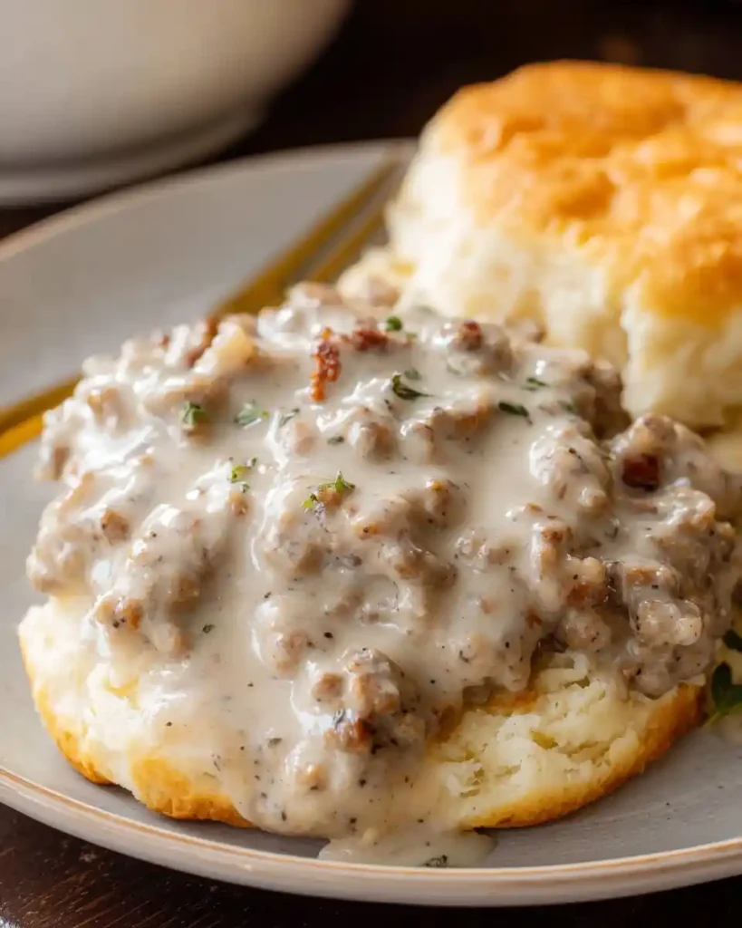 A fluffy biscuit smothered in {{ $('Fetch Recipe Data').first().json["Main Keyword"] }} on a plate.