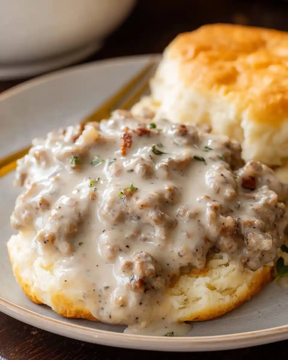 A fluffy biscuit smothered in {{ $('Fetch Recipe Data').first().json["Main Keyword"] }} on a plate.