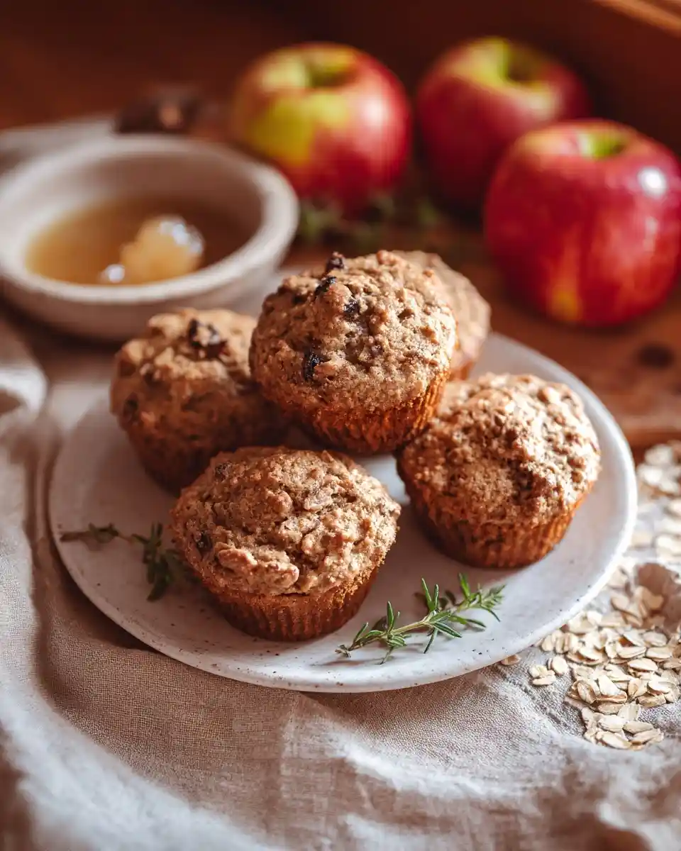 Freshly baked apple oatmeal muffins stacked on a plate, surrounded by fresh apples, honey, and scattered oats.